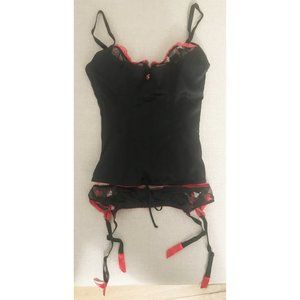Victoria's Secret Black Satin & Strawberry Print Mesh Bustier & Garter - S / 34B